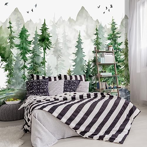 YIHWM -Green Cartoon Pine Forest Nursery Fabric Wallpaper for Boys and Girls Children's Bedroom Living Room Woodland Plants Large Wall Mural- 91x65（ not Peel and Stick）