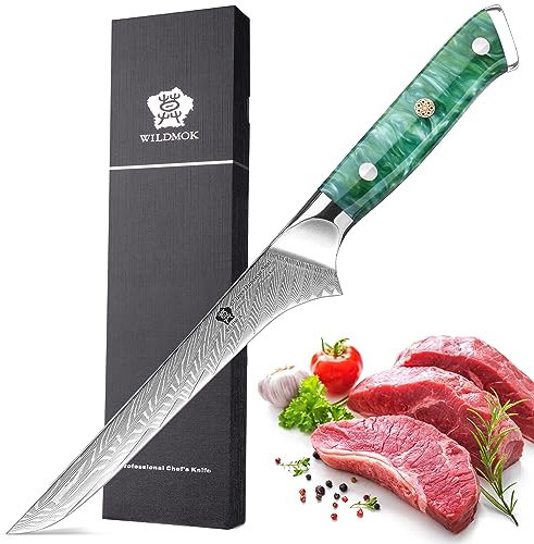 WILDMOK Coltello disossatore, coltello cuoco giapponese Damasco, coltello disossatore professionale, 17.8 cm Coltello disossatore professionale, manico completo in resina sintetica