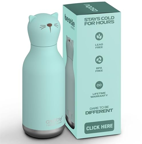 ASOBU Bestie Kindertrinkflasche mit Strohhalm – Isolierte Edelstahlflasche 420ml mit Katzenkopf – Auslaufsicher & BPA-frei