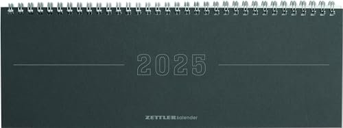 Zettler - Tisch-Querkalender Papyrus 2025 grau, 29,7x10,5cm, Bürokalender mit 112 Seiten, Monatsübersicht, Notizbereich, Mondphasen, Jahresübersicht, Ringbindung und deutsches Kalendarium