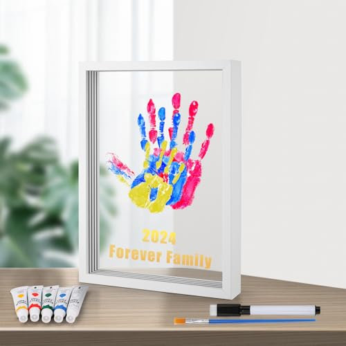 Familien Handabdruck Set, Hand und Fußabdruck Set Baby Hölzerner Handabdruck Rahmen Geschenke für Neue und Werdende Eltern für Nach der Geburt Eltern Kinder Freunde 5 Anstrichfarben Enthalten