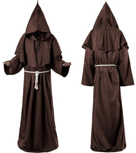 Túnica de Monje, Disfraz de Túnica de Sacerdote para Hombre, Túnica Medieval Marrón XL con Capucha, Disfraz de Monje con Cruz y Cordón, Disfraces de Monje para Fiesta Halloween Cosplay Carnaval