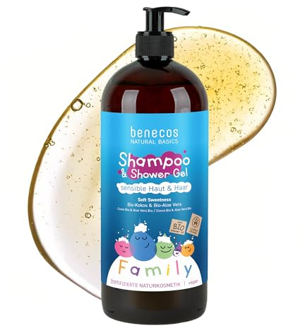 Benecos Family Size 2in1 Shampoo & Shower Gel Soft Sweetness - Bio-Kokos & Bio-Aloe Vera - für sensible Haut & Haare - vegane Körperpflege - dermatologisch getestet - 950 ml