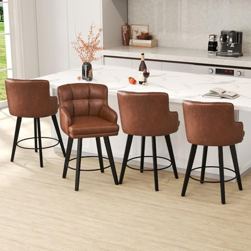 SAECKBERG 360°Swivel Counter Height Bar Stools with Back, 26 inch Solid Wood Legs, Bar Stool Modern Kitchen Island Chairs, Faux Leather (Brown- Faux Leather, 26 H- Set of 4)