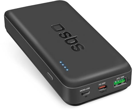 SBS PowerBank 20K Fast, 20.000 mAh Power Delivery, 20 W Schnellladung, Adaptive Fast Charge (AFC), Status-LED, USB-C, USB-A, Ladegerät für iPhone, iPad, AirPods, Samsung, Tablet, Smartphone