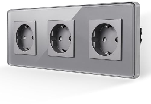 JIMEIDA 3 enchufes grises, placa de vidrio curvada 2,5D, 16 A, enchufe Schuko, empotrado, protección contra contactos, 228 x 86 mm, 250 V