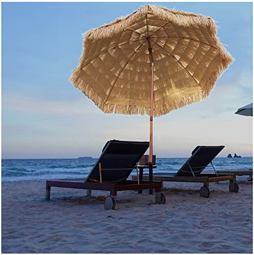 CRBUDY Sombrilla de Playa Grande de Paja de 2,4 m para Patio Exterior, con mástil de Acero inclinable, Parasol para Piscina, Arena, balcón y jardín (Color Madera sintética).