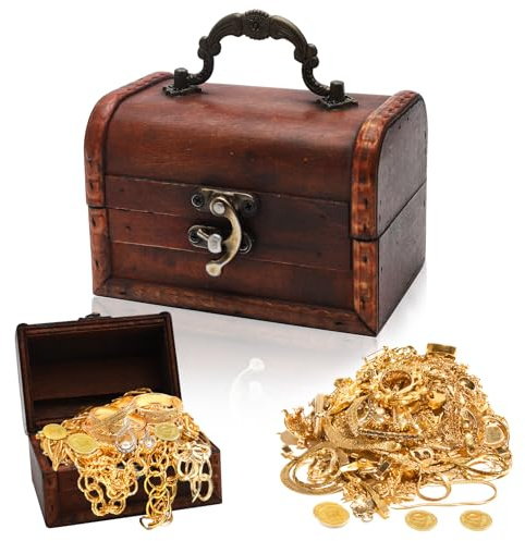 DAWRIS Piccolo scrigno del tesoro, scatola in legno, vintage, per il compleanno dei bambini, con manico, rosso-marrone