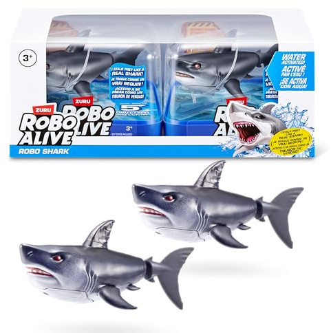 Robo Alive Wasseraktivierter Hai 2er-Pack (Grau) von ZURU – Realistisches schwimmendes Roboter-Badespielzeug für Kinder, Twens & Teens, Wasseraktivierter Hai für Spiele & Streiche, ab 3 Jahren