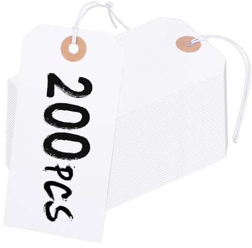 200 stycken presentetiketter stora 12 x 6 cm prislappar med elastiskt rep förstärkningshål varuetiketter för klädetiketter, trädgårdsväxtesmärkning, presentetiketter