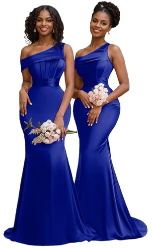 JIAJUPA Mermaid One Shoulder Bridesmaid Dresses for Women Satin Long Prom Dresses Formal Evening Gown Royal Blue Size 6
