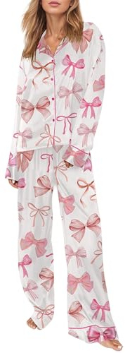 Svuitmsl Women Silk 2 Piece Satin Pajamas Set Cute Bow Long Sleeve Button Down Shirt and Pants Lounge Set Sleepwear Jammies (A-Pink, S)