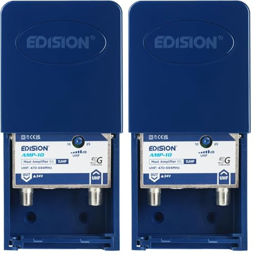 EDISION AMP-10 Amplificador Antena TV de mástil 1UHF, 10-25db Ajustable, 107dBmV, 24V, para Digitale Terrestre DVB-T/T2, Frecuencias UHF 470-694Mhz, con Filtro 5G LTE (Paquete de 2)