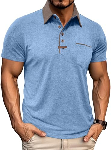 PRIVIMIX Pikétröjor för män kortärmad klassisk krage t-shirt golf toppar rugbytröja med ficka M-3XL, Ljusblått, 3XL