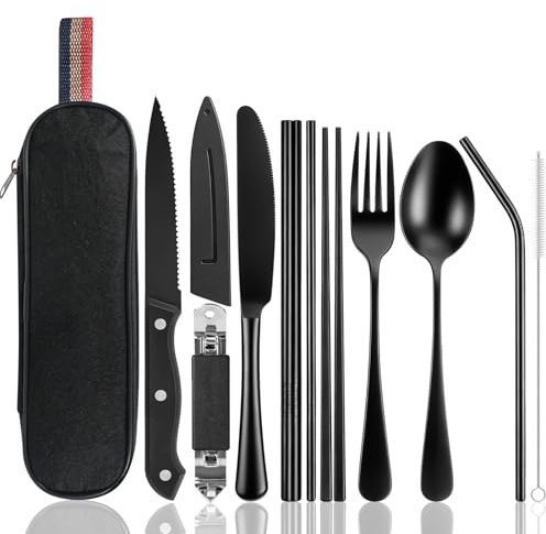 Ensemble de couverts de voyage, couverts de camping portables, ensemble de 11 pièces avec étui, acier inoxydable, couverts de camping portables pour le travail, l'école, les voyages et le camping