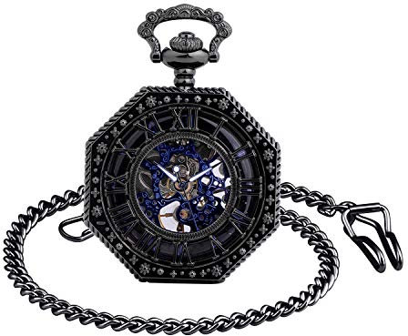 Unendlich U Herren Römische Ziffern Skala Taschenuhr mit Halskette Analog Handaufzug Skelett Unisex Retro Mechanische Kettenuhr