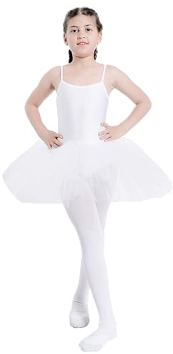 Maillot de Ballet Danza Niña Elástica con Falda Tutu de Tirantes Finos (Blanco, 4-6 años)