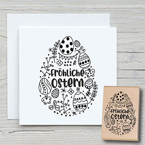 NEWSTAMPS Stempel Fröhliche Ostern Ei Motivstempel groß aus Holz & Gummi zum Karten und Geschenke basteln, Holzstempel für Osterkarte, Grußkarte, Scrapbook, Textilstempel, Deko, Kinder