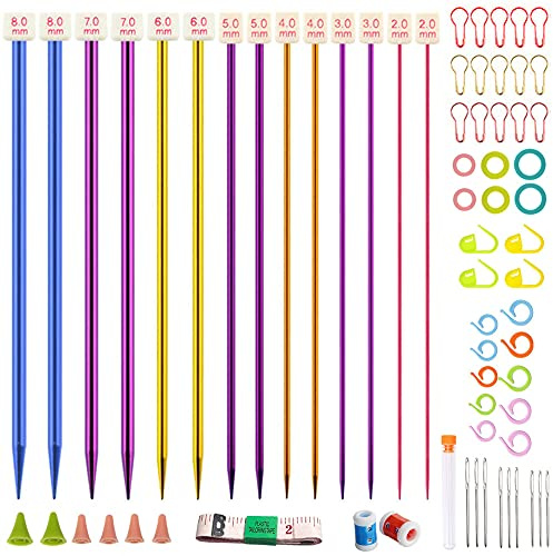 Zasvec Ferri da Maglia 7 Paia Ferri da Maglia in Metallo Set di Ferri da Maglia Aghi per Maglieria Set Artigianali Ferri Maglia con Accessori per Lavorare a Mano 35cm 7 Misure da 2mm a 8mm