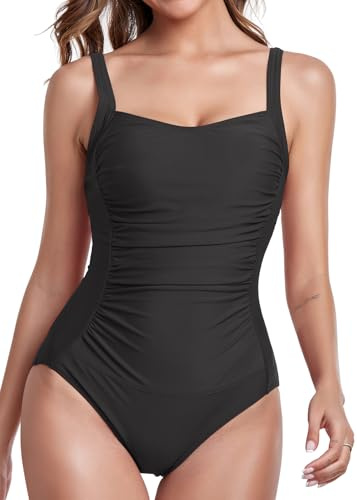 Joweechy One Piece Swimming Costume Women Ruched Tummy Control Swimwear Scoop Neck Padded Swimsuit Bathing Suits Black,L