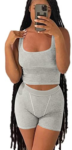 AYWA Lässige Workout-Sets Zweiteilige Outfits für Frauen Geripptes bauchfreies Tank Top Hohe Taille Leggings Active Wear, Light Heather Grey Shorts, X-Small