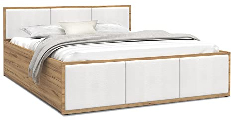 FurnitureByJDM Bett 180x200 mit Stauraum & Gepolsterte Einsätze – Doppelbett mit Bettkasten und aufklappbarem Lattenrost – Stauraumbett mit Liftfunktion - Panama (Eiche Craft/Weiße Einsätze)