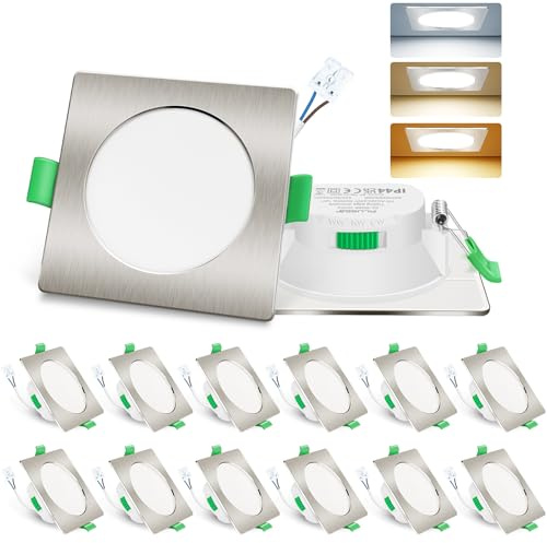 ALUSSO LED Recessed Ceiling Lights 230V 7W Ultra Slim Dimmable Downlights IP44 Spotlights for Bathroom, 3000K Warm White 4000K Neutral White 6500K Cool White Adjustable, 12Pack Square Nickel