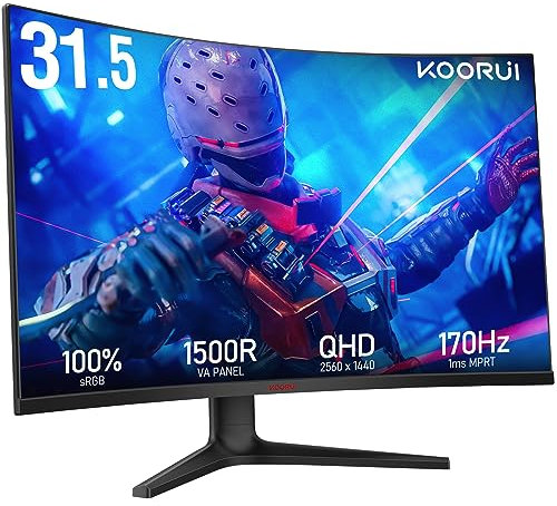KOORUI 32 Inch Curved Gaming Monitor, QHD 1440P, 170Hz, VA 1500R Ultrawide Screen with Ultra-Thin, HDMI/DP, VESA Compatible, Tilt Adjustable, Eye Care