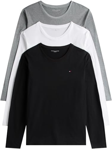 Tommy Hilfiger Men’s 3 Pack Round Neck Long Sleeve Tops, Multicolor (White/Black/Grey Heather), XL