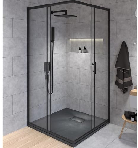 BADLAND Komplettes Set - Duschkabine HELA Schwarz/Chrom + Duschwanne VIDAR 80-90x80-90 193cm - Quadratisch Duschabtrennung Transparent Nano Glas 6 mm, Duschtasse Schwarz/Weiß Steinoptik SMC mit Ablauf