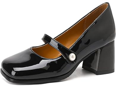 Pelle verniciata moda fibbia punta quadrata cinturino scarpe da donna tacco a blocco tacco medio con 6 cm comode décolleté per le donne grandi dimensioni Z034s30T, Nero , 44 EU