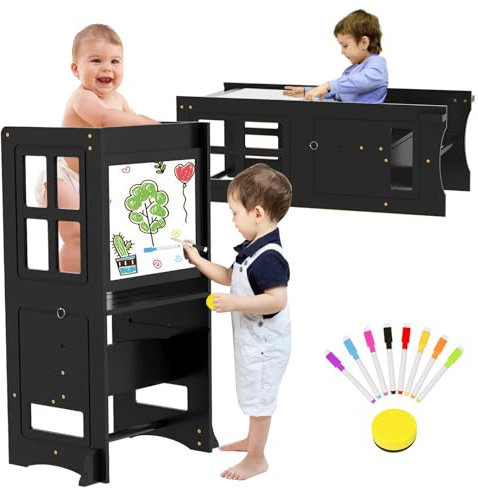 4 in 1 Küche Lernturm Kleinkind Küchenhocker Helper, Höhenverstellbar, Tritthocker für Kleinkinder 2 in 1 Umwandelbar Tisch Und Stuhl, Whiteboard für Kinder Küchentheke Badezimmer Waschbecken