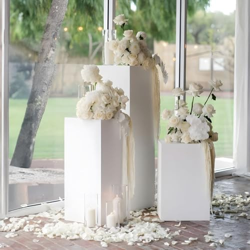 ANMINY 3PCS Square White Pedestal Stands for Party, Metal Pedestal Display Stands Party Decoration Pillars Cake Plant Stand for Wedding Birthday Banquet Event - 29.5 23.6 19.6