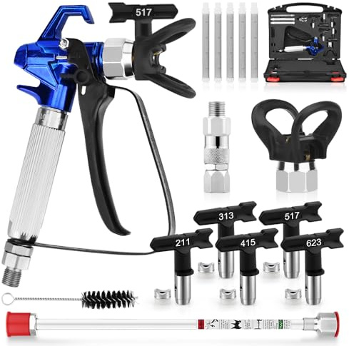 16 Pcs 3600 PSI High Airless Paint Sprayer Gun with Tip Guard,Airless Spray Tip,Filters,Hose Swivel Joint,10Inch(25CM) Spray Painted Extension Pole and Storage Box.(211, 313, 415, 517, 623)
