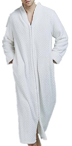 Albornoz de longitud completa, unisex, con cremallera, cuello alto, bata de toalla lisa, acogedora y cálida, bata de baño de rizo para otoño e invierno, blanco, M