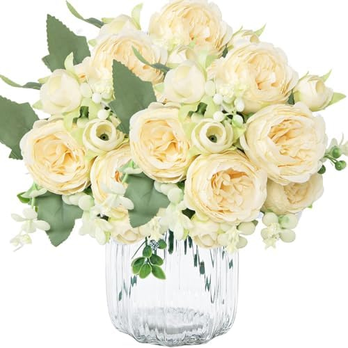 MisFun 3 Mazzi Peonie Artificiali, Peonie Finte Realistiche, Fiori Artificiali di Seta, Faux Bouquet di Peonies, per Decorazioni per il Partito, Tavolo da Pranzo, Decorazione di Nozze (Champagne)