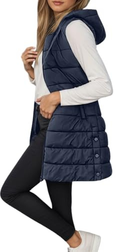 Generico Gilet Lungo da Donna in Piuma D'Oca Senza Maniche Giacca con Cappuccio Inverno Caldo Cappotto Sottile Zip all'aperto Gilet Vintage Giacca a Sbuffo Antivento Leggero Gilet Morbido