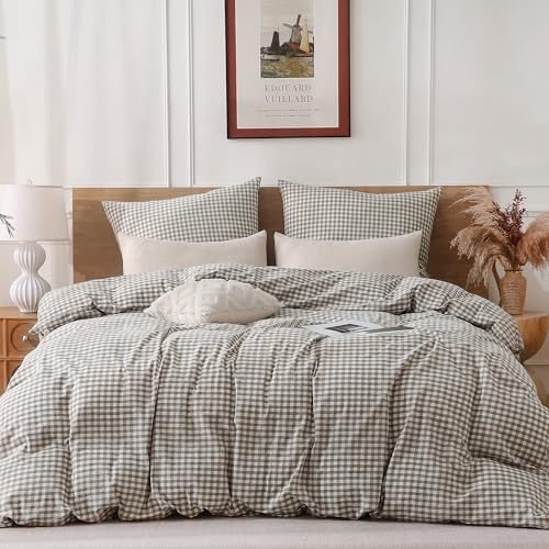 TOCOMOA Ropa de cama de 135 x 200 cm, a cuadros, 4 piezas, 100 % algodón lavado, color beige, aspecto de lino y transpirable, ropa de cama con cremallera, 2 fundas nórdicas y 2 fundas de almohada de