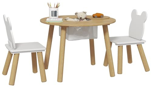 AIYAPLAY Mesa y Sillas Infantiles de 3 Piezas 2 Sillas 3-6 Años Natural | Mesa Infantil, Espacio de Almacenaje, para Guardería Sala de Juegos Dormitorio