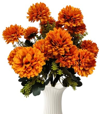 Tutamaz 2 stycken konstgjorda blommor höstdekoration krysantemum, torkade blommor höst, höstblommor konstgjord höstbukett, höstblommor vild blomma för rum bord utomhus höstdekoration (orange)