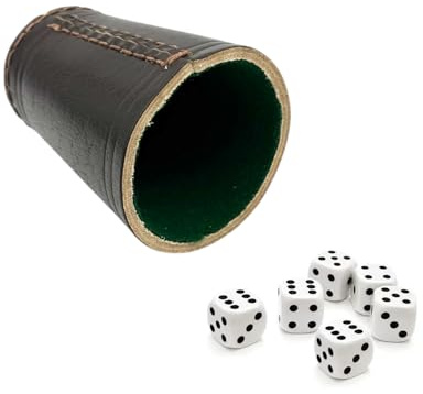 DELALO Vaso de cubo de piel auténtica marrón con fieltro y 6 dados, 9 x 7 cm, taza de juego silenciosa de alta calidad para juegos de dados (verde)