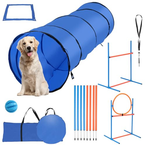 Peviasot Agility Set Hunde, 5-teiliges Set Agility-Ausrüstung für Hunde, Slalom, Agility Hürde, Sprungring & Hundetunnel, 8 Slalomstangen, Ball, Pfeife, Tragetasche, Hundeparcour, Hundesport
