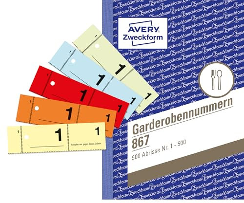 AVERY Zweckform 867 Garderobennummern (A6, 500 durchnummertierte Abrisse von 1-500, je 100 Stück in einer anderen Farbe, 1 Buch mit 500 Garderobennummern) gelb, orange, rot, blau, grün