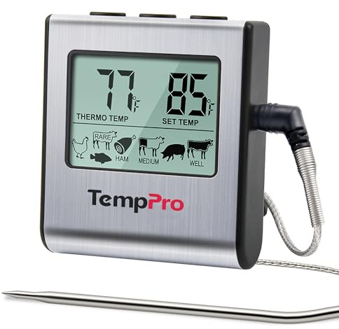 TempPro TP16 Large LCD Digital Cooking Food Meat Thermometer for Smoker Oven Kitchen BBQ Grill Thermometer Clock Timer with Stainless Steel Temperature Probe(Previously ThermoPro)