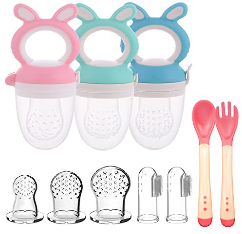 3pcs Chupetes Frutas Bebe Sin BPA Alimentador Antiahogo de Fruta para Bebés + 3 Tetinas de Silicona en 3 Tamaños + 2 Cepillos de Dedo para Bebés (Azul+Rosa+Verde)