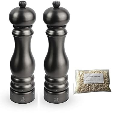 Dekomiro Geschenkset Peugeot Paris Chef Carbone Pfeffermühle und Salzmühle anthrazit 22 cm mit 100 gr Salz