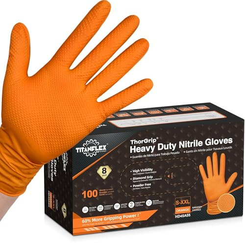 TitanFlex Heavy Duty Industrial Orange Nitrile Gloves, 8-mil, Gloves Disposable Latex Free with Raised Diamond Texture Grip, Powder Free, Rubber Glove, Mechanic Gloves,100-ct Box (Large)