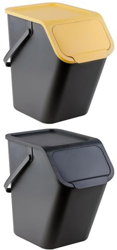 Go Practic Mülleimer Set 2 Stück 25L Schwarz und Gelb mit Deckel, Stapelbox Abfalltrennsystem zur Mülltrennung in der Küche, Abfallsystem mit Click-Funktion, Abfallbehälter zur Trennung