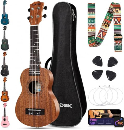 AODSK Soprano Ukulele for Beginner 21 Inch Ukelele with Gig Bag Strap Nylon String 4 Picks Holiday Gift