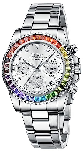 Women Colorful Diamond Watches Chronograph Rotatable Bezel Mineral Glass Luminous Watch Stainless Steel Waterproof Date Analog Quartz Watch Fashion Business Dress Wristwatch(Silver White)